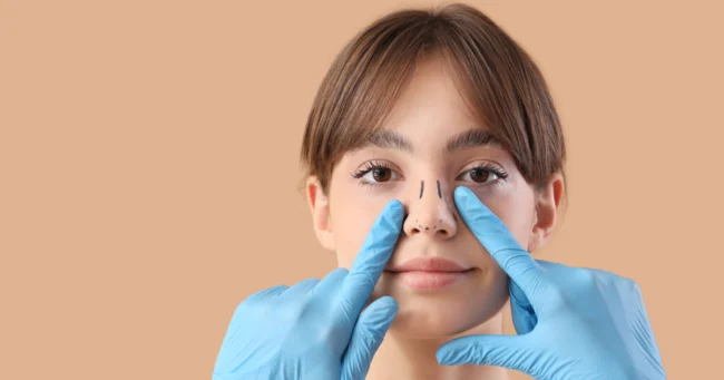 A woman with markings for reconstructive surgery on her nose in Providence UT